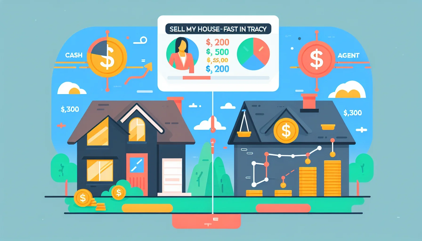 Flat-design illustration comparing net proceeds from cash buyer versus traditional agent sale