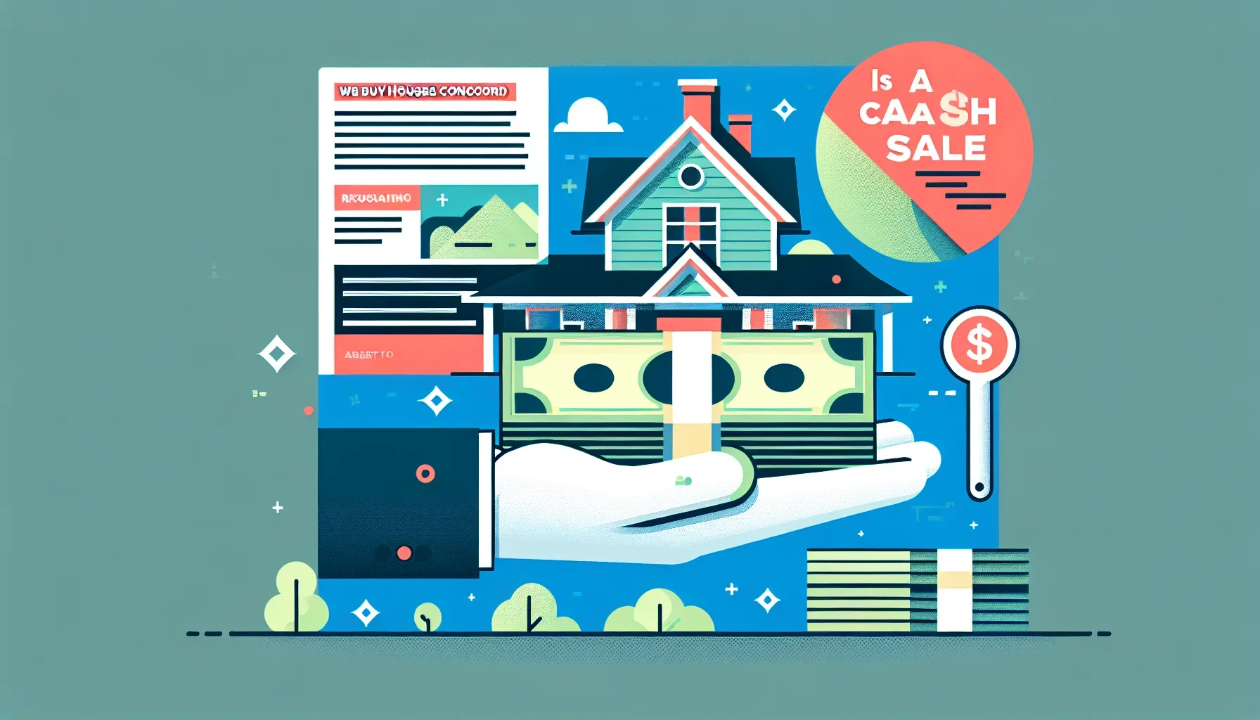 Flat-design illustration of a family navigating foreclosure timeline with house and calendar icons