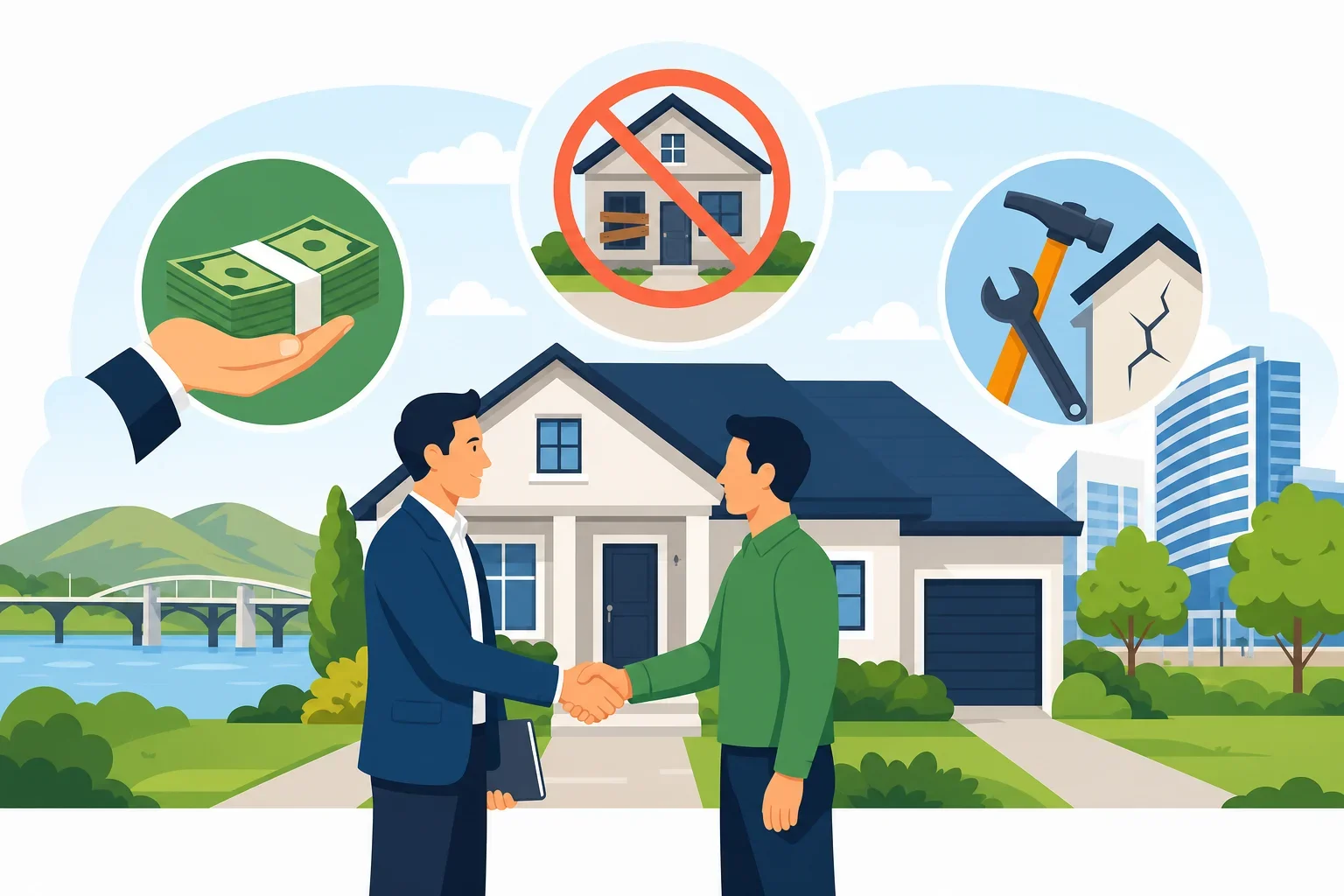 Vector illustration of a damaged house with repair icons representing costly home maintenance challenges