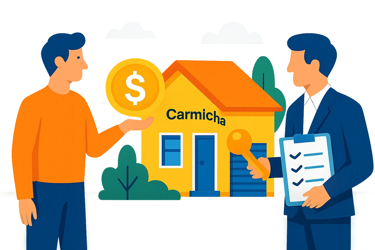 Step-by-step illustration showing the we buy houses Carmichael process from first call to closing day