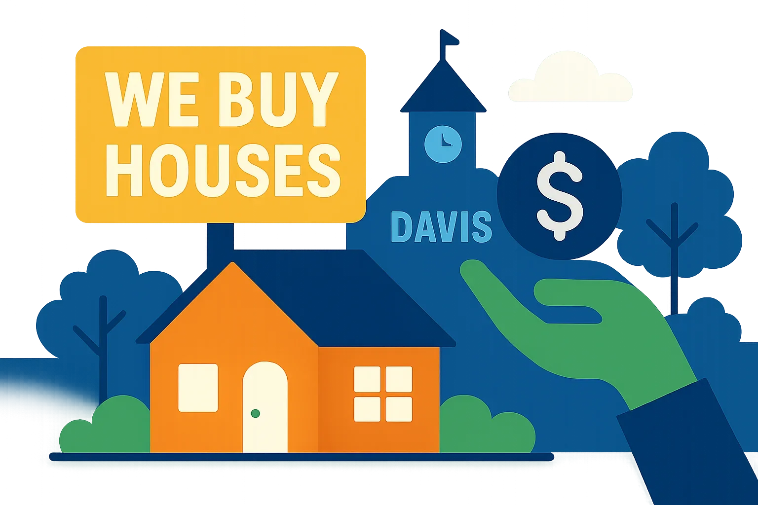 Flat-design illustration showing streamlined cash home selling process with house, dollar signs, and signed contract document