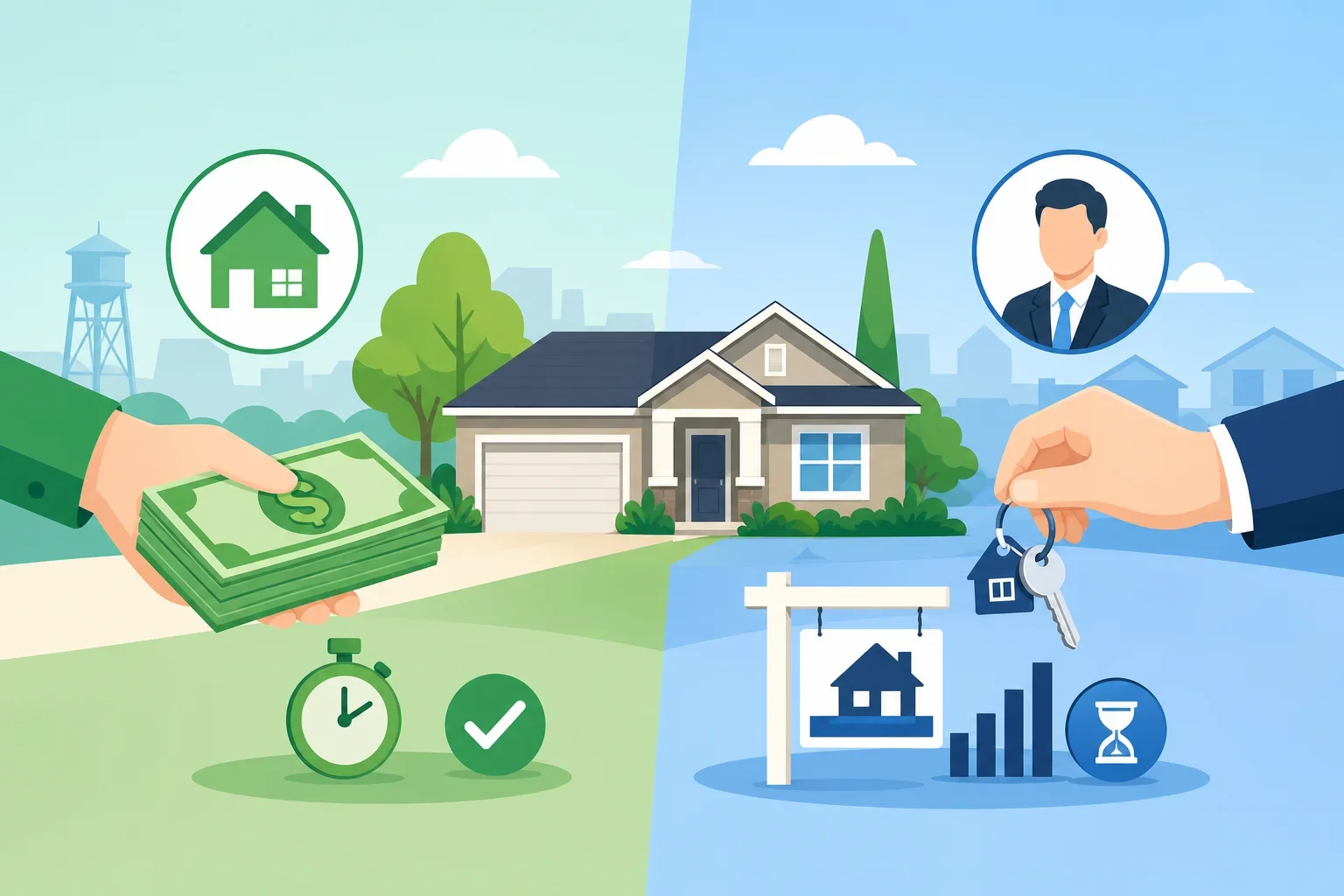 Flat-design illustration comparing cash offers versus listing with a real estate agent