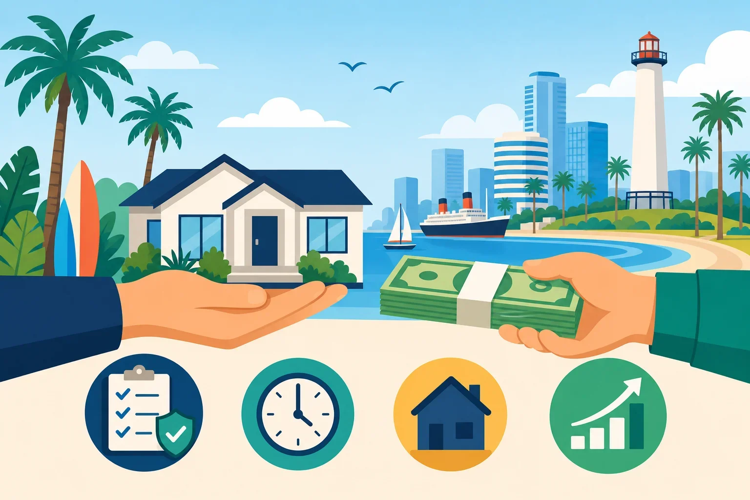 We buy houses Long Beach process illustrated with icons showing offer acceptance and fast closing steps