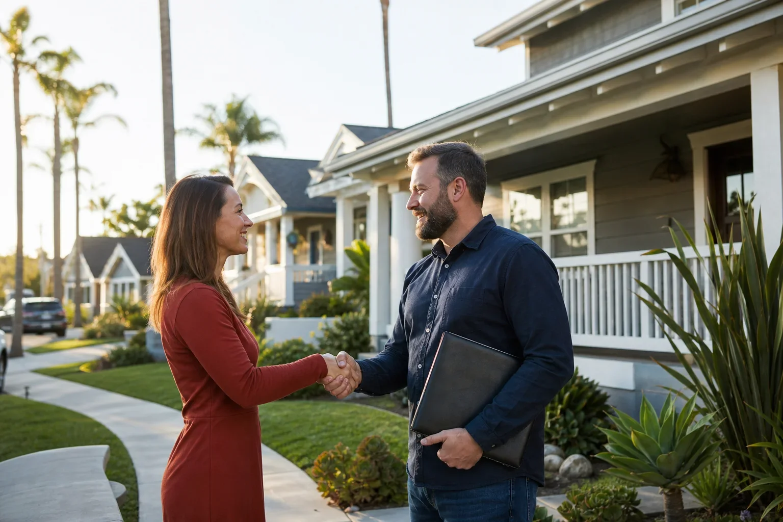 Real estate investor shaking hands with a seller outside a residential property in Long Beach California