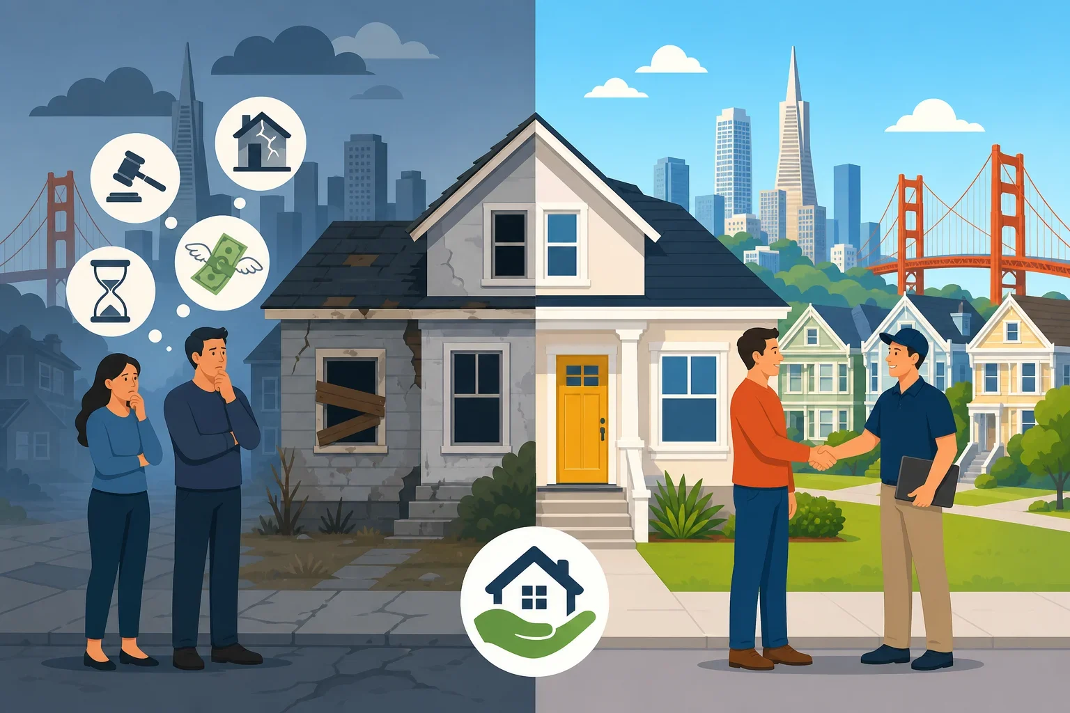 Flat-design illustration of common myths versus facts about selling homes to cash buyers