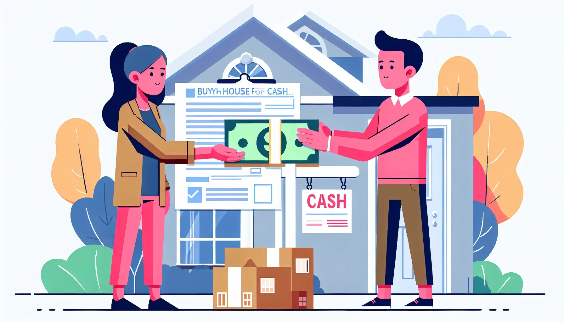 Vector illustration of a house with dollar signs representing a fast cash home sale process