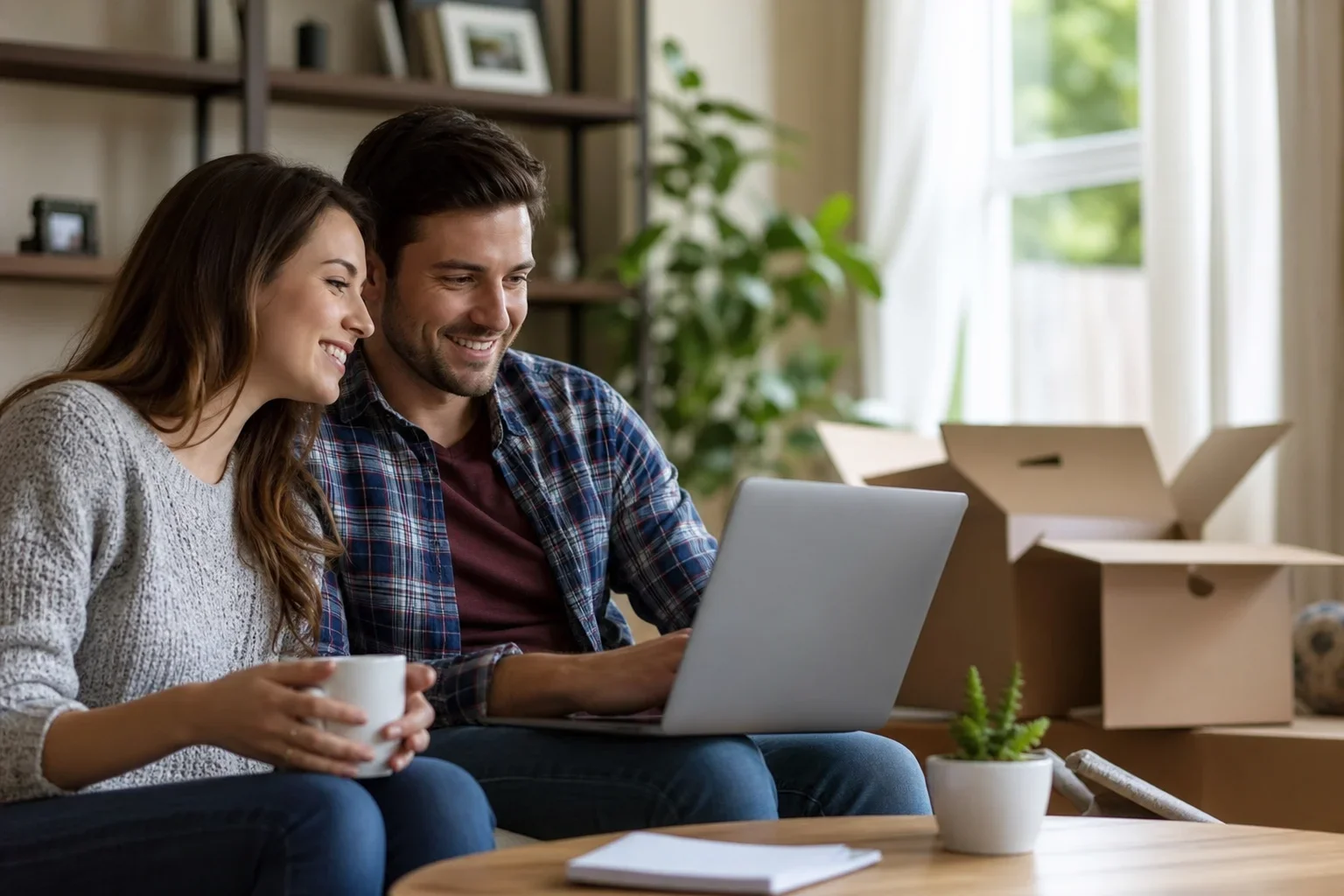 Young couple reviewing real estate documents at kitchen table in their Antelope CA starter home