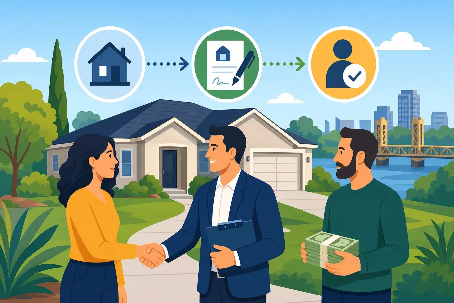 Flat-design illustration showing the wholesale real estate process from seller to investor to buyer