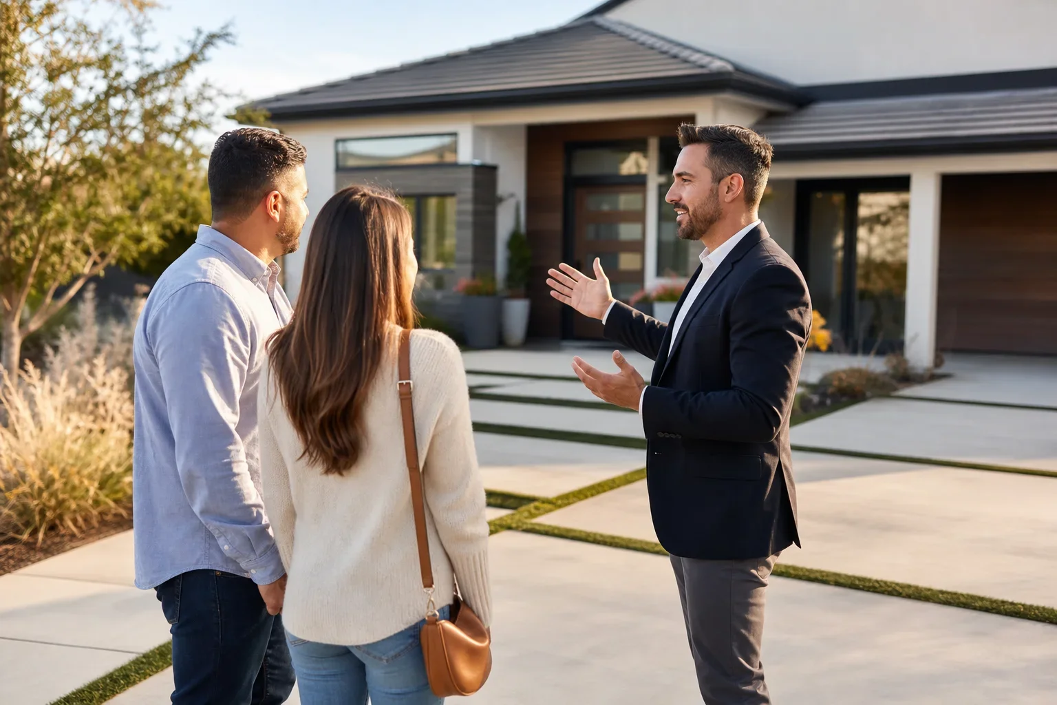 Real estate investor and seller shaking hands outside a single-family home on a sunny day